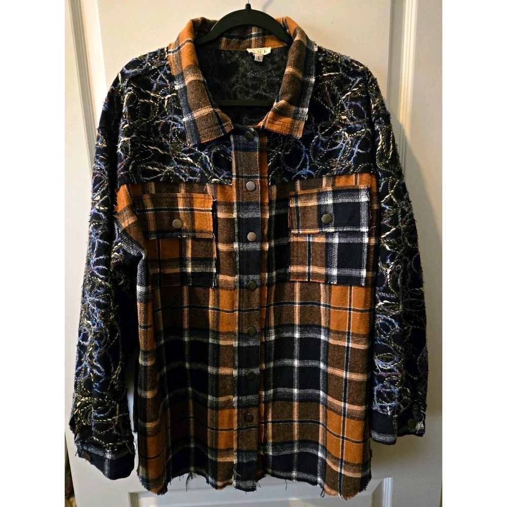 POL Womens L Plaid Shacket Jacket Button Front Pockets Brown Navy White
